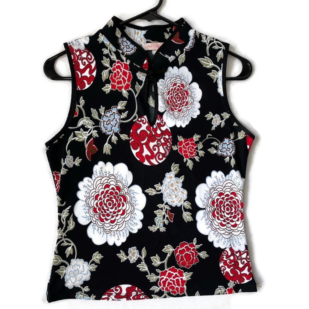 Ana Capri Women's Black with Red Floral Print Tank Top Vintage Look Size Large